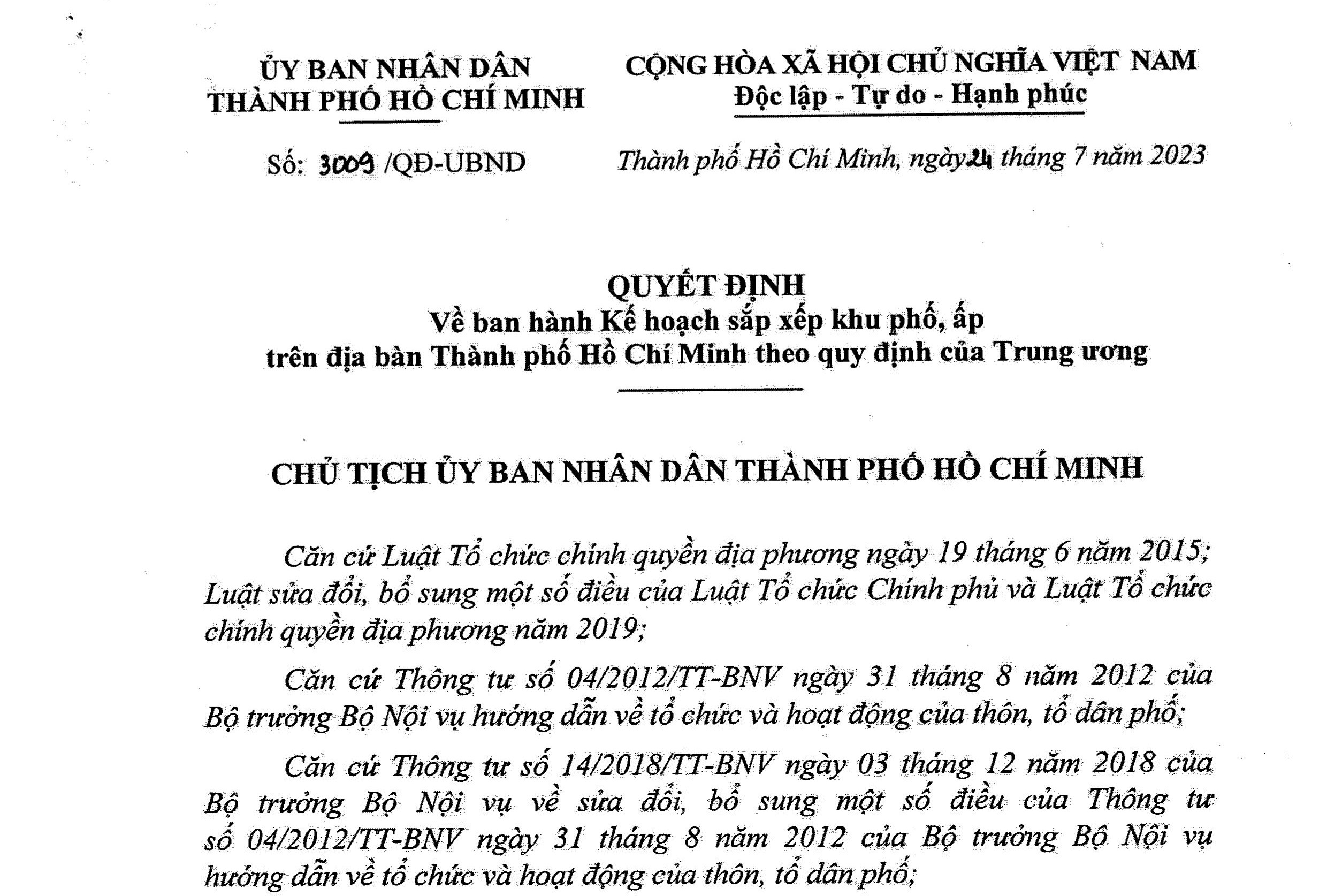 Thành phố Hồ Chí Minh chính thức ban hành kế hoạch sắp xếp khu phố, ấp