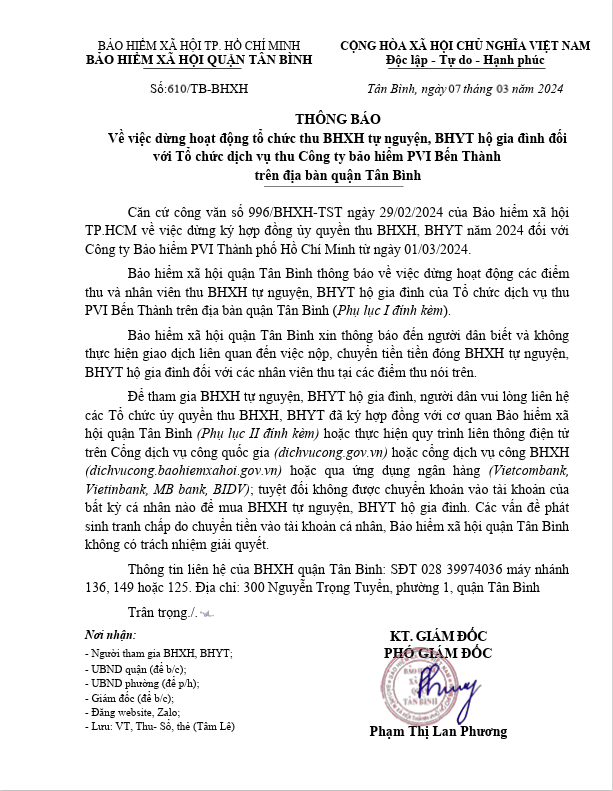 Thông báo về việc dừng hoạt động tổ chức thu BHXH tự nguyện, BHYT hộ gia đình đối với Tổ chức dịch vụ thu Công ty bảo hiểm PVI Bến Thành trên địa bàn quận Tân Bình